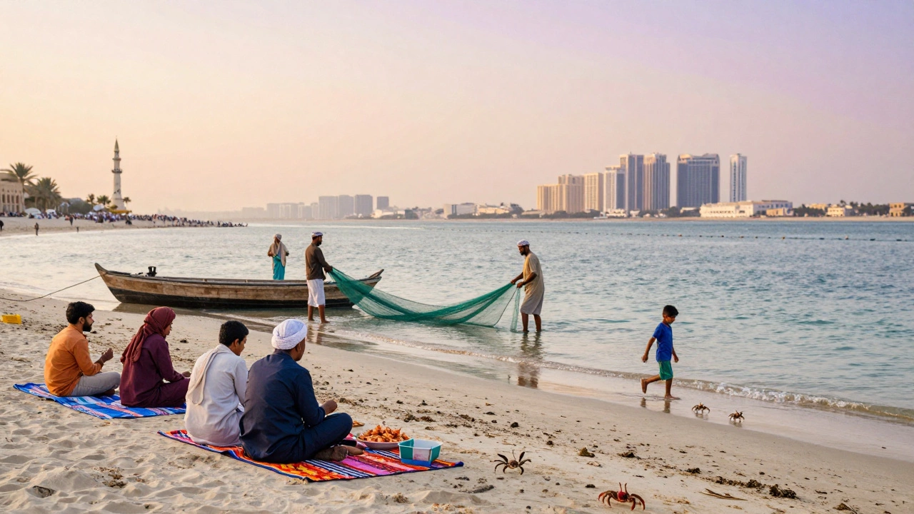 Deira Beach at sunset with fishermen on dhows, families eating by the shore, and children playing along the tide, quiet and authentic.