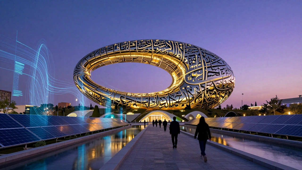 Museum of the Future shaped like a golden ring with glowing Arabic script, surrounded by reflective water and holographic projections at dusk.